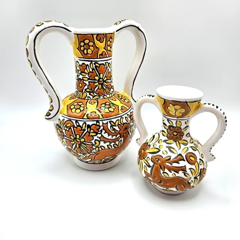 VINTAGE Handmade Theofilos Ceramic Rhodes Greece Pottery Deer Pitcher Vase Set